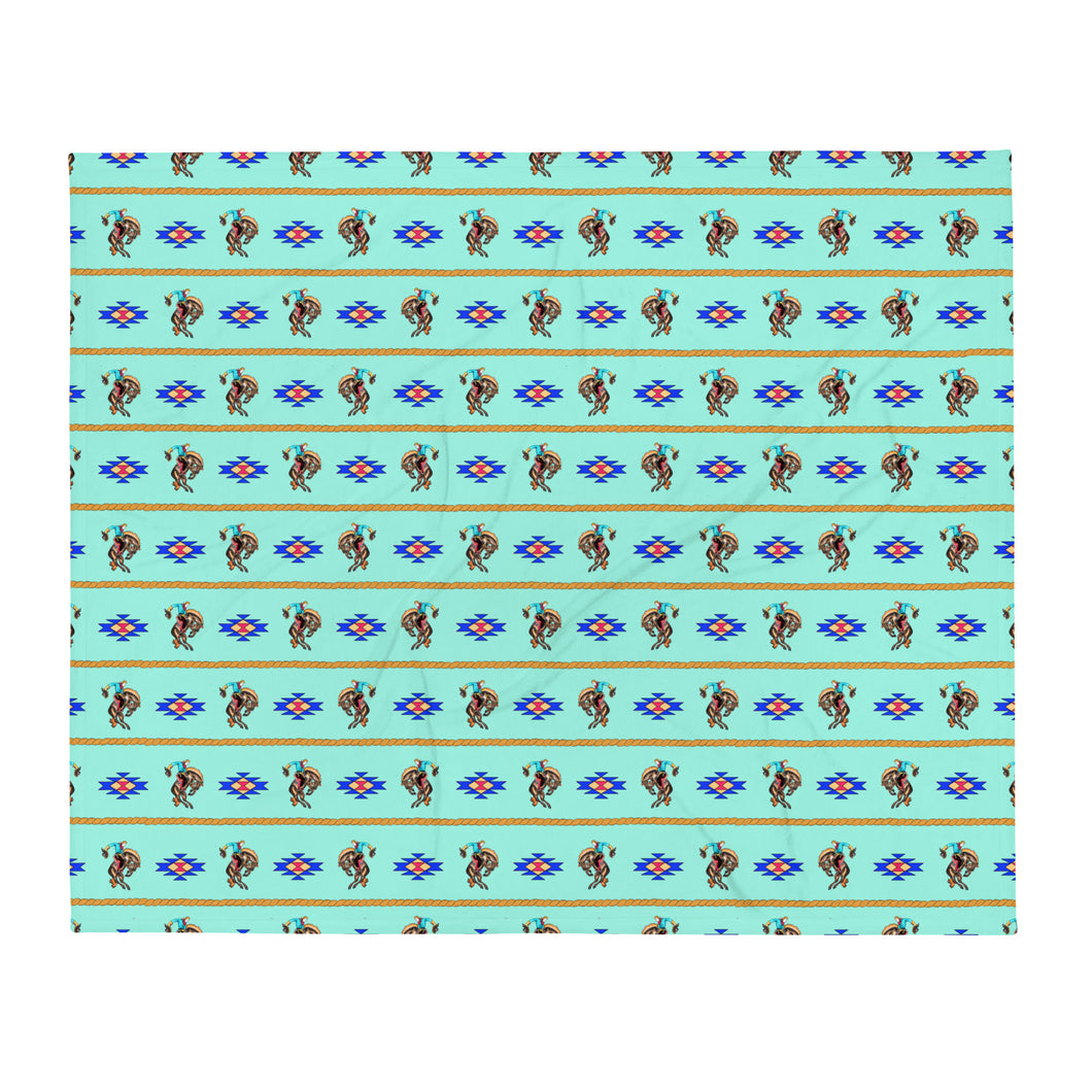 Cowboy Bronc Rider Aztec - Turquoise Throw Blanket