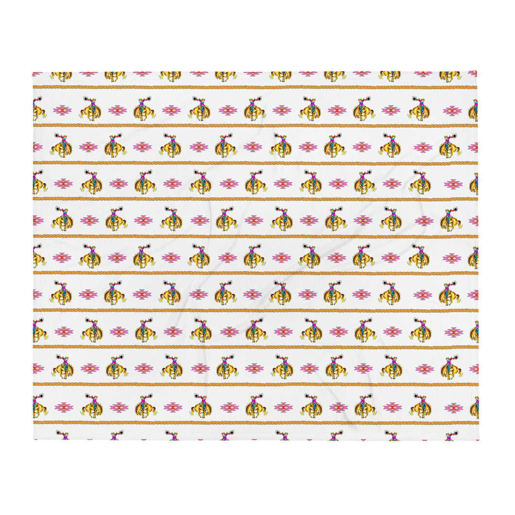 Cowgirl Bronc Rider Aztec - White Throw Blanket
